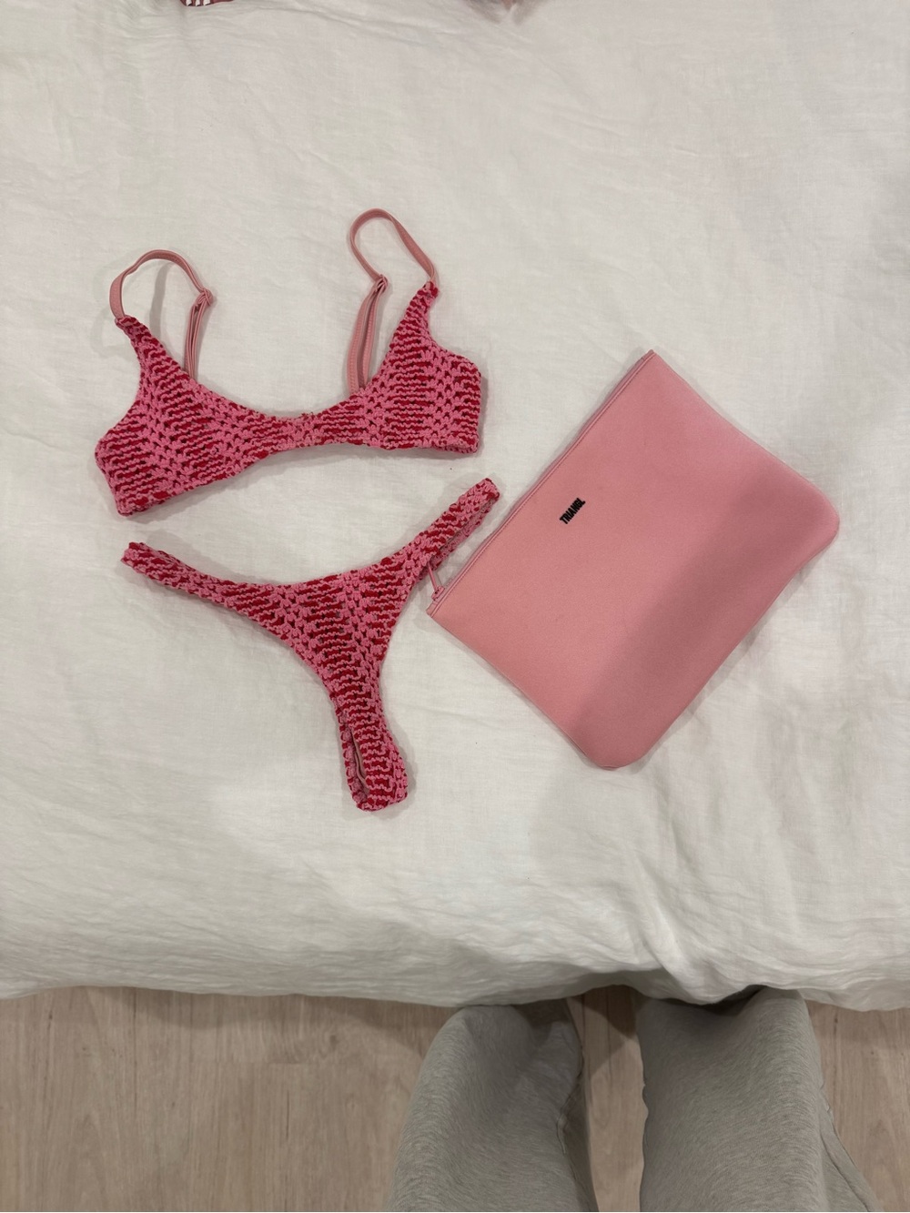 triangl swimwear Pink Patterned Crochet Bikini Set with Pink Pouch